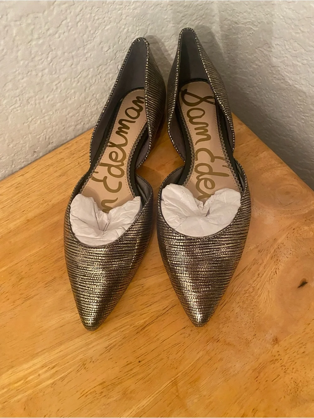 Sam Edelman Metallic Gold Textured Pointed-Toe D'Orsay Flats